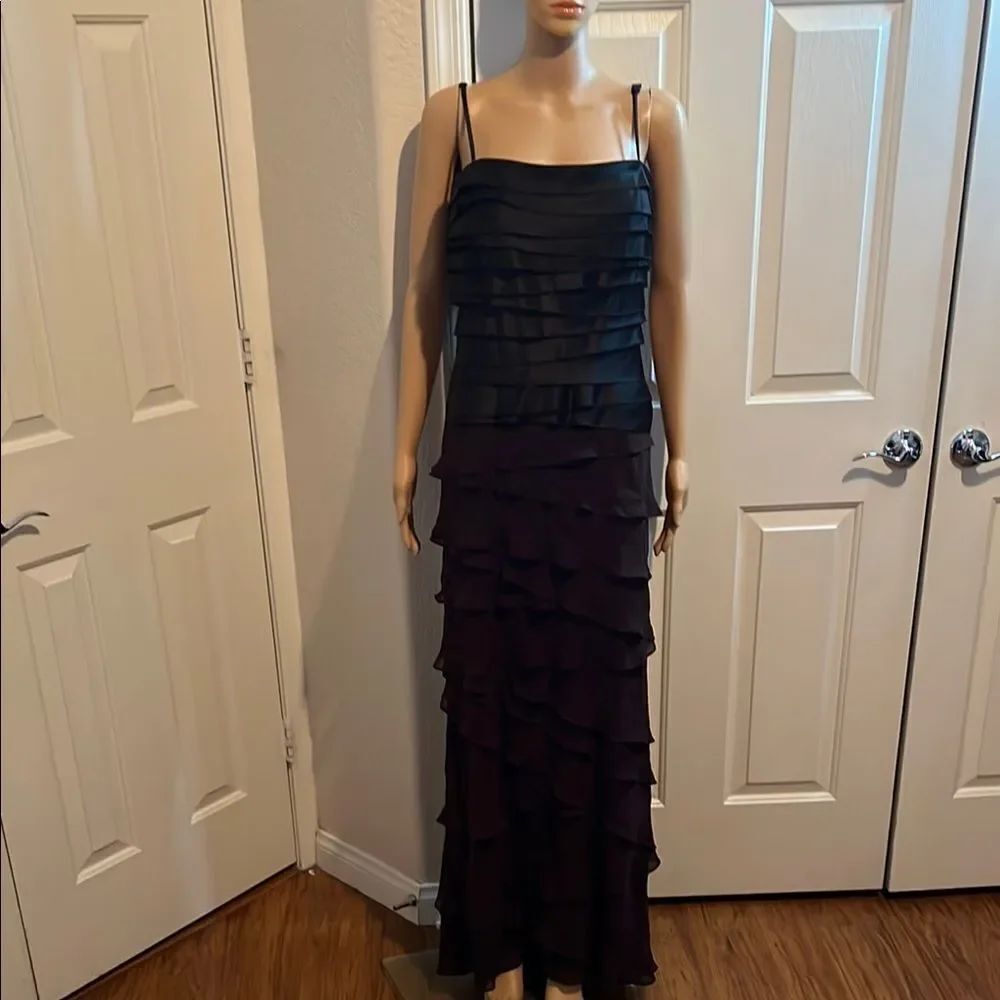Tadashi Black Ruffled Tiered Maxi Gown US Size 6 Adjustable Spaghetti Straps